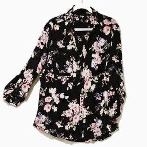 BLACK ROMANTIC PINK DARK FLORAL LONG SLEEVE V-NECK BLOUSE  TOP XXL